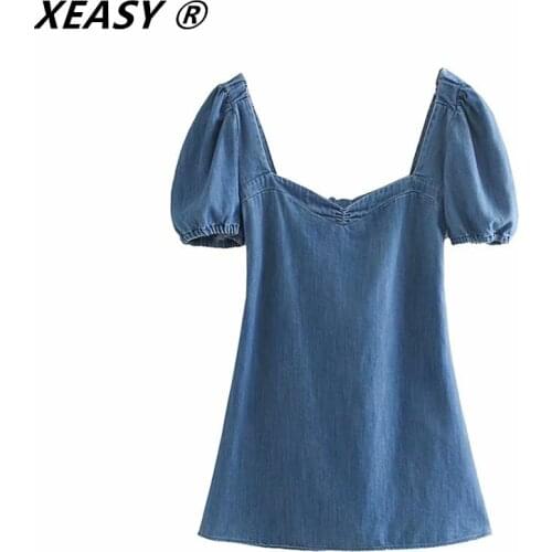 XEASY ZA Woman 2021 Summer Sweet Sexy Backless Vintage Square Collar Puffy Sleeve Bow Denim Dress Vestidos Mujer