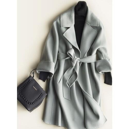 Double face 100%wool womens fashion mid-long overcoat big turn-down collar slim waist style light green grey 4color S-2XL