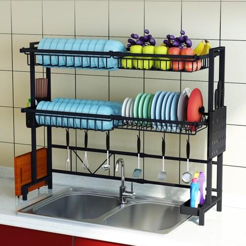 1/2Tier Multi-use Stainless Steel Dishes Rack Dual Sink Drain Rack Adjustable Kitchen Oragnizer Rack Dish Shelf Sink Drying Rack