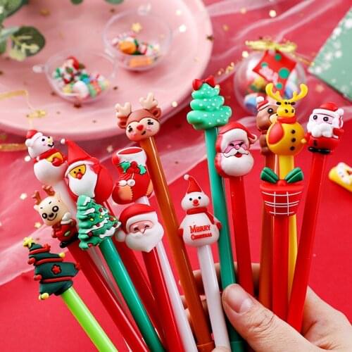 10Pcs / Set Christmas Cartoon Gel Pen Black Ink Neutral Pen Santa Reindeer Tree Snowmen Signature Pen School Stationery Gifts