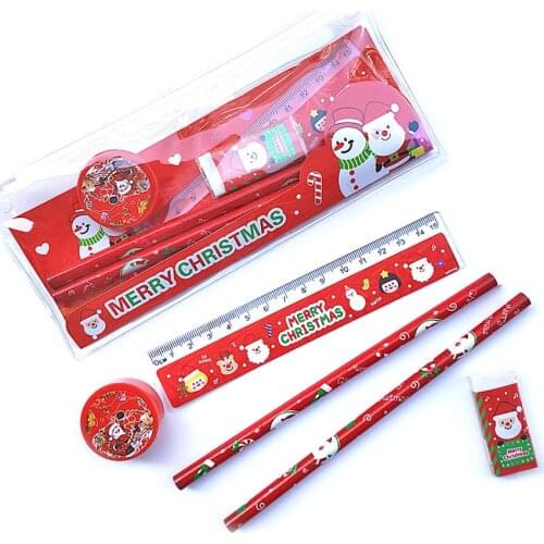 5pcs/set Cute Christmas Stationery Set Pencil Ruler Earser Sharpener Pencil Case Stationery Set School Office Supplies Gift