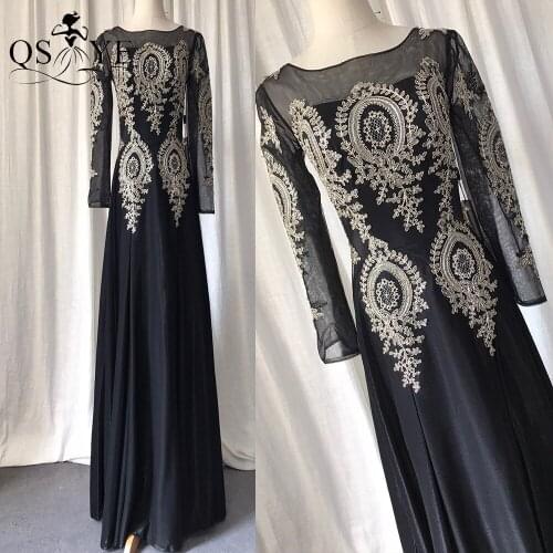 Black Prom Dress Long Sleeves Satin Evening Gown Gold Appliques Lace Formal Party Gown Decent Women Dress Small Size Semi A Line
