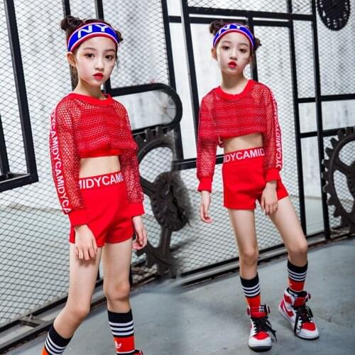 Children Red Hip-hop Dance Costume Midriff-baring Modern Street Dance Clothing Girl Boy Jazz Dance Performance Wear DJ Outfit