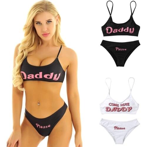 TiaoBug Summer Women Bikini Adjustable Shoulder Straps Letter Printed Mini Camisole Bra With Briefs Cosplay Costumes Swimwear