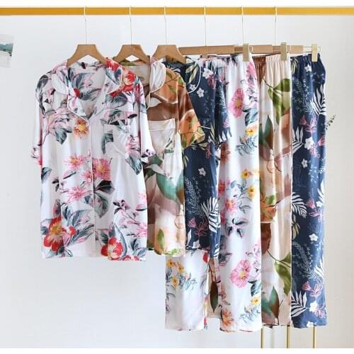Summer Pajamas Set Women Cotton Silk Short Sleeve Trousers Ladies Sleepwear Rayon Cool Loose Fashion Print Casual Home Wear