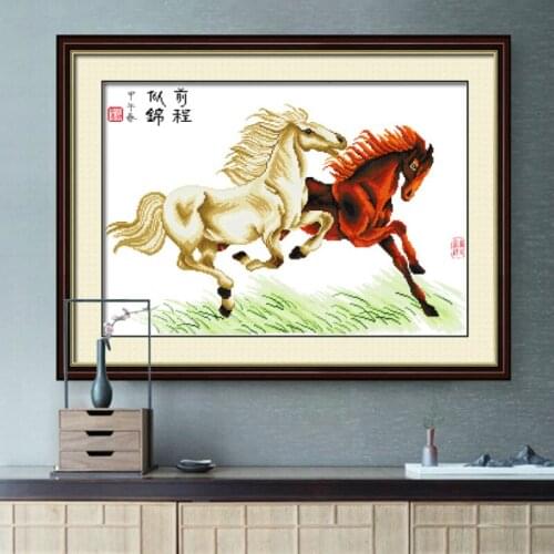 Cross stitch kits printed fabric 11ct Chinese style animal pattern two running horses hilo para bordar a mano