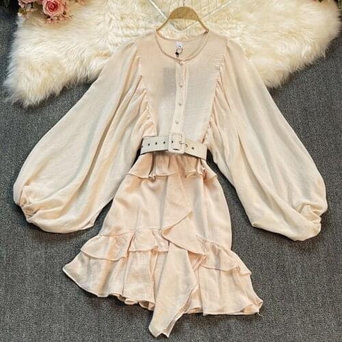 2021 Summer New Fashion Womens Dress Loose Puff Sleeve Dress Womens Ruffled Waist Long Sleeve Temperament mini Dress GD609