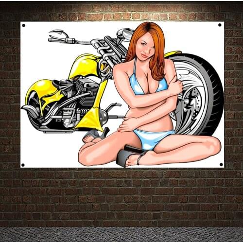 Moto Rider Posters Wall Hanging Heavy Motorcycle Tattoo Banner Flag Tapestry Nice Girls Sexy Nude Art Canvas Painting Wall Decor