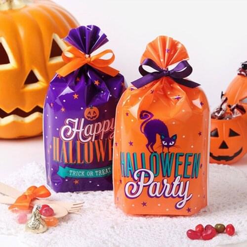 50pcs Plastic Halloween Candy Bags Kids Gift Cookie Snack Baking Package Bag Pumpkin Skull Cat Halloween Christmas Party Decor