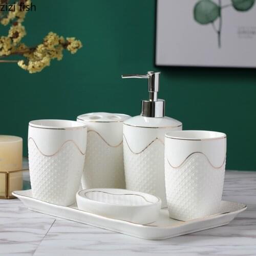 Simple Ceramic Bathroom Decoration Accessories Set Soap Dishes Gold Stripe Quality Porcelain Bath Supplies with Plastic Tray