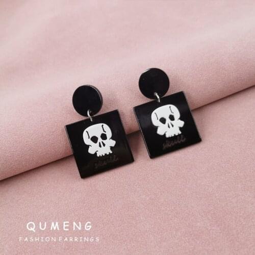 QUMENG 2021 New Design Wacky Hip-hop Halloween Black Geometric Square White Skull Acrylic Pendant Earrings Simple Jewelry