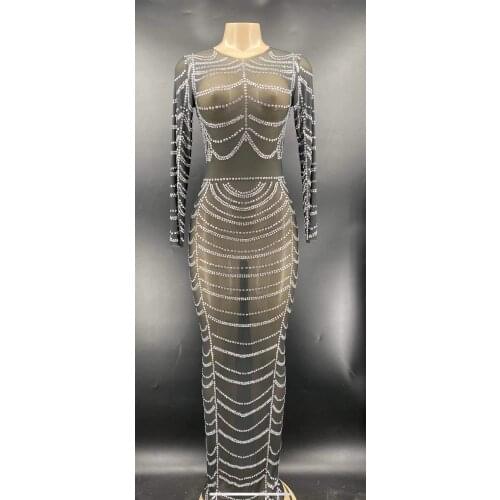 Sexy Black Mesh Sparkly Silver Rhinestones Transparent Long Dress Women Evening Birthday Party Celebrate Outfit Dance Costume