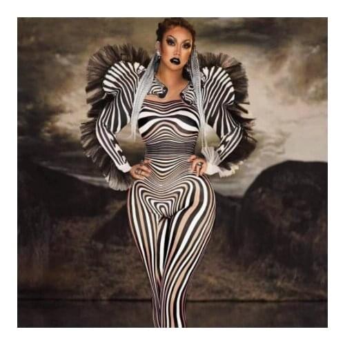 Sexy Zebra Pattern Jumpsuit Women Singer Sexy Stage Outfit Bar DS Dance Cosplay Bodysuit Costume Prom Clothes