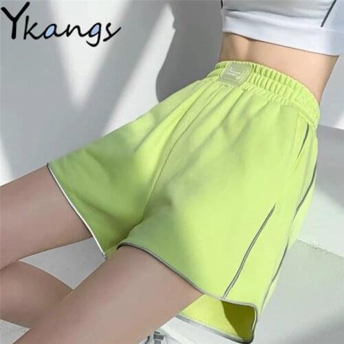 Korean Clothes Reflective Stripes Casual Solid Running Biker Sport Shorts Harajuku Women High Waist Wide Leg Loose Summer Shorts