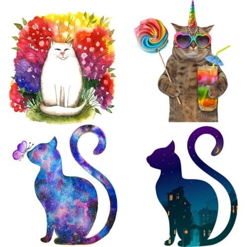 Cartoon Cat Patch Iron On Transfers For Clothes Stripes Patches Thermo Stickers Heat Transfer Vinyl Badge Applique Garment Decor