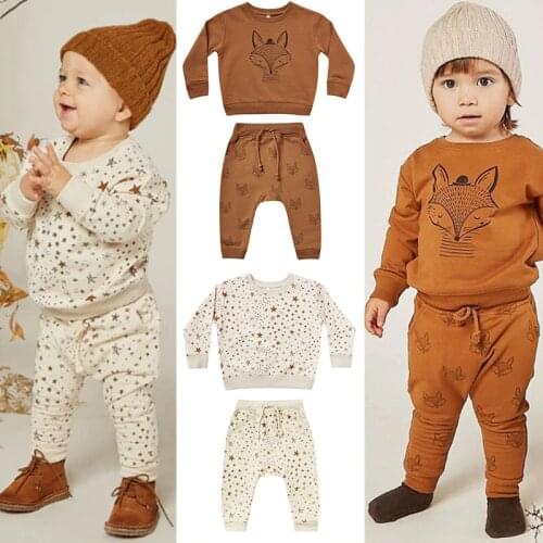 EnkeliBB Cru Kids Fox Pattern Sweatshirt Pants Matching Boys Long Sleeve Casual Tops For Autumn Winter Child Clothes