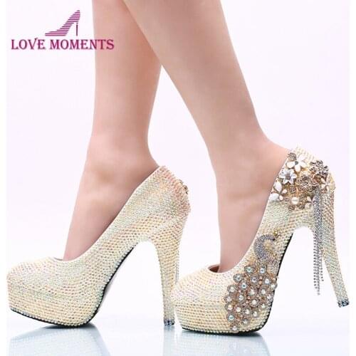 Gorgeous White AB Rhinestone Women High Heel Party Prom Shoes Phoenix Crystal Bridal Wedding Shoes Graduation Party Pumps