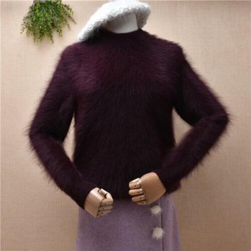 Ladies women fashion autumn winter clothing mink cashmere knitted long sleeves slim blouses pullover angora fur jumper sweater