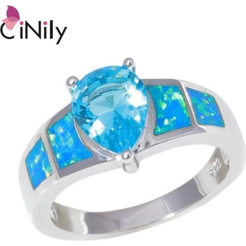 CiNily Created Blue Fire Opal Blue Zirconia Silver Plated Wholesale for Women Jewelry Wedding Engagement Ring Size 6-10 OJ9410