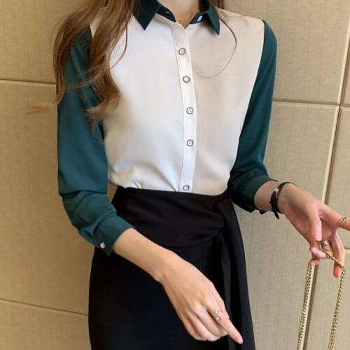 Color-blocking Womens Shirts 2021 Autumn Fashion Basic Chiffon Shirt Button Long-sleeve Female Bottom Ladies Top Spliced Blouse