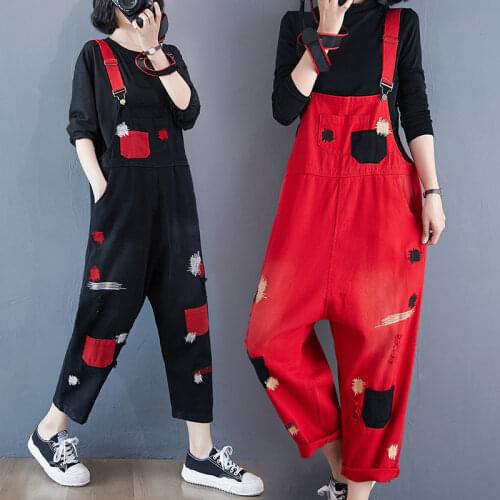Black Ripped Jeans Jumpsuit Spring Women Vintage Embroidery Sleeveless Denim Overalls Woman Fashion Pocket Patchwork Red Rompers