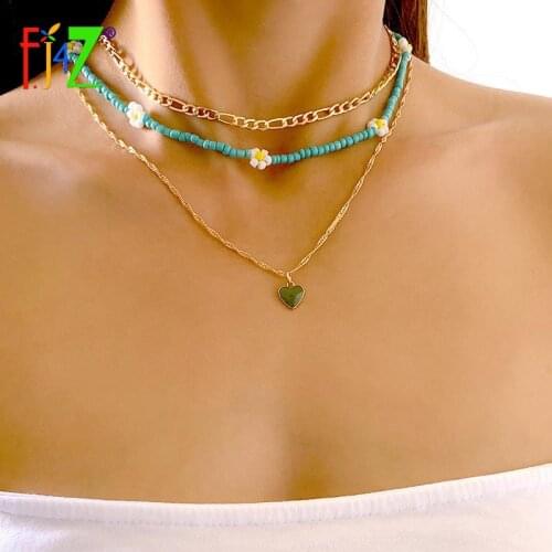 F.J4Z 3layers Bohemian Necklaces for Women 2021 Trend Green Beaded Cuban Chain Heart Pendant Collar Necklaces Lady Gifts