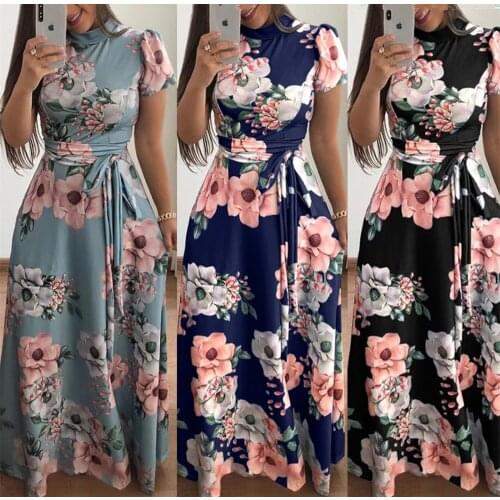 Women Summer Maxi Dress Casual O Neck Short/Long Sleeve Lace Up Party Dress Plus Size 5XL Summer Floral Print Tunic Boho Dresses