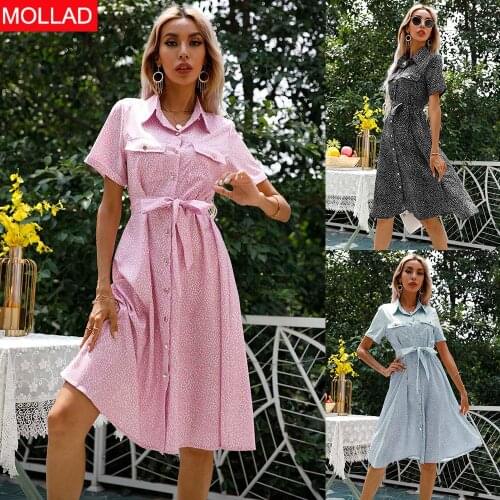 2021 Summer New Fashion Small Floral Button Short Sleeve Dress Turn-down Collar Women Summer shirt Dresses
