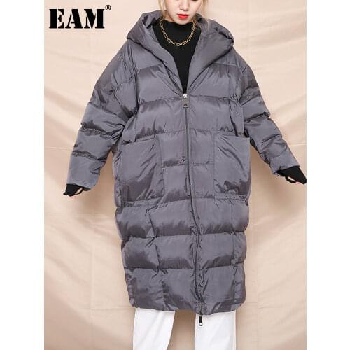 [EAM] Gray Oversized Long Hooded Cotton-padded Coat Long Sleeve Loose Fit Women Parkas Fashion New Autumn Winter 2021 JD12102