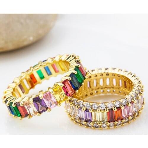 Fashion Bohemian Thin Baguette Copper CZ Gold Rainbow Ring Female Charm Rings Zircon Jewelry For Women Wedding Anniversary Gifts