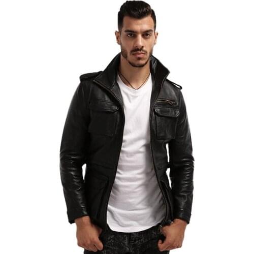 2020 Black Men Genuine Jacket Stand Collar Plus Size XXXL Thick Cowhide Slim Fit Military M65 Leather Coat FREE SHIPPING