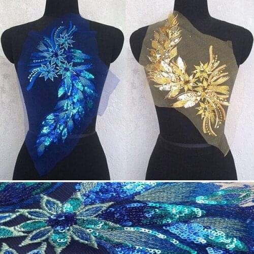 20*42 cm Blue Gold Sequins Embroidery Cloth Sewn Without Glue Ear Tail Show Dress Decorative DIY Accessories Blue Gold Red