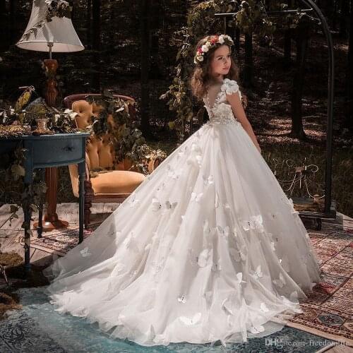 Butterfly Flower Girl Dresses Applique First Communion Party Prom Princess Gown Bridesmaid Wedding with Train Formal Girl Dress