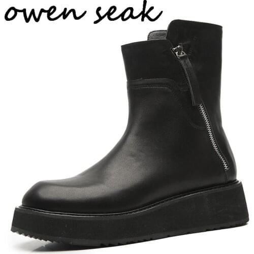 Owen Seak Men Ankle Boots High-TOP Luxury Trainers Cow Genuine Leather Winter Boots Casual Sneaker Brand Zip Flat Black Shoes