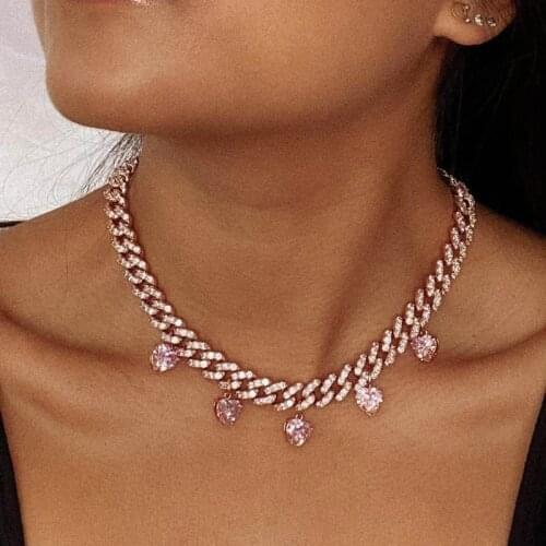 Iced Out Bling Pink Cubic Zirconia Charm Necklaces Miami Cuban Link Chain Romantic Eternity Heart Choker Jewelry Gift For Women