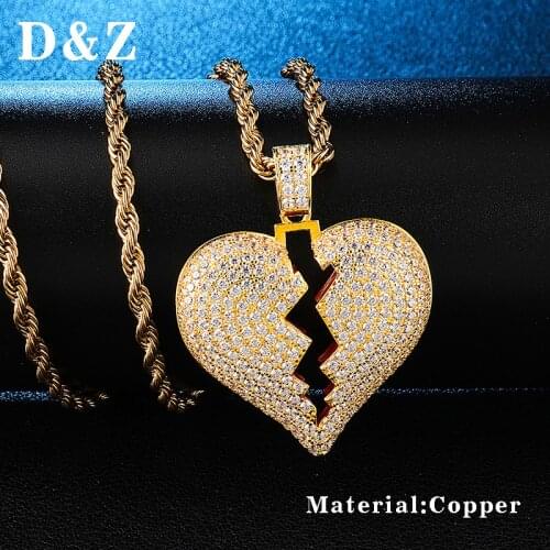 D&Z Bling Iced Out Micro Paved CZ Broken Love Heart Necklaces Pendants For Men Women Fashion Hip Hop Jewelry