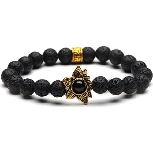 Druzy Electroplating Alloy Lotus Energy Stone 8mm Natural Volcanic Rock Stone Round Beads String Bracelet Buddhism Bracelet