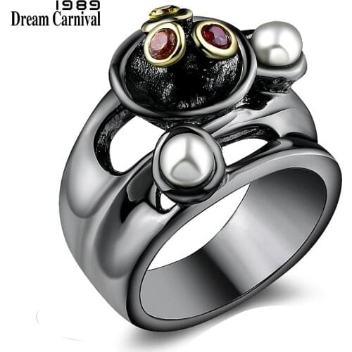 DreamCarnival 1989 Disco Mix Colors CZ White Simulated Pearls Vintage Black Gold Color Cocktail Women Ring Anillos Mujer WA11531
