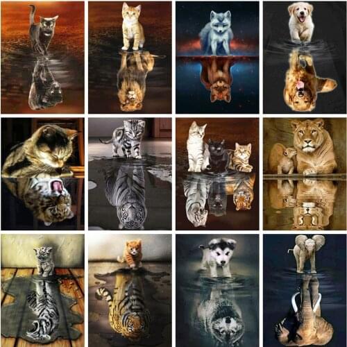 Evershine 5D Diamond Painting Cat Cross Stitch Mosaic Diamond Embroidery Animals Reflection Full Square Round Drill Home Decor