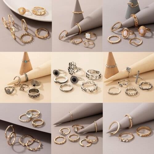 2021 European Fashion Crystal Stone Gold Silver Ring Sets for Women Charms Leaf Geoemtric Joint Ring Jewelry Accessories Anillo