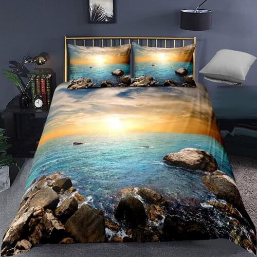 3D Beautiful Sunset Lavender Single Double Romantic Duvet Cover Set Sea Beach Printed Bedding Sets Comfotable With Pillowcase