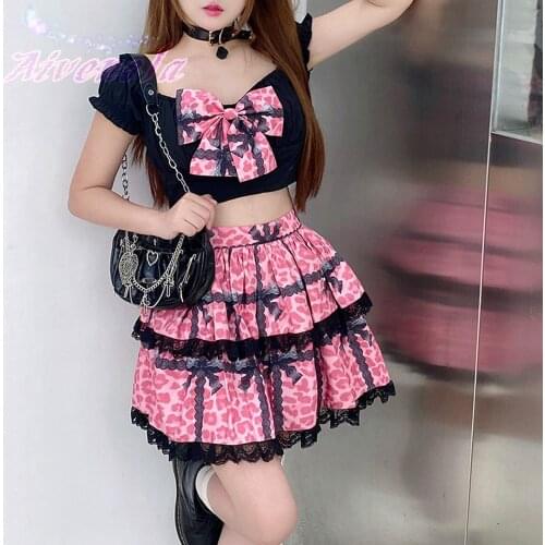 Harajuku Hot Girl Fire Street Sweet Cool Suit Lace Leopard Mini Skirt Sling Bow Croped Tops Female Fashion Clothes Set AFC1070