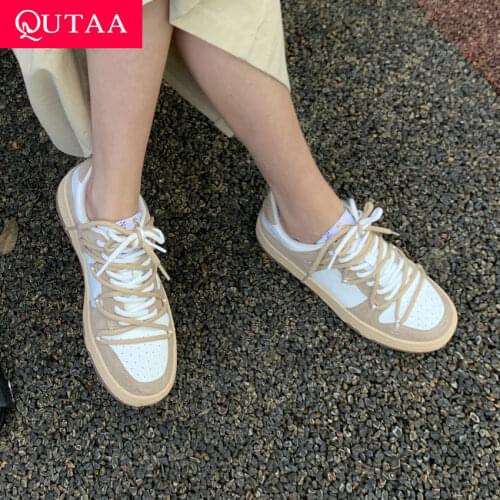 QUTAA 2021 Spring Autumn Round Toe Flat Heel Casual Female Shoes Mixed Color Genuine Leather Lace Up Women Sneakers Size 35-40