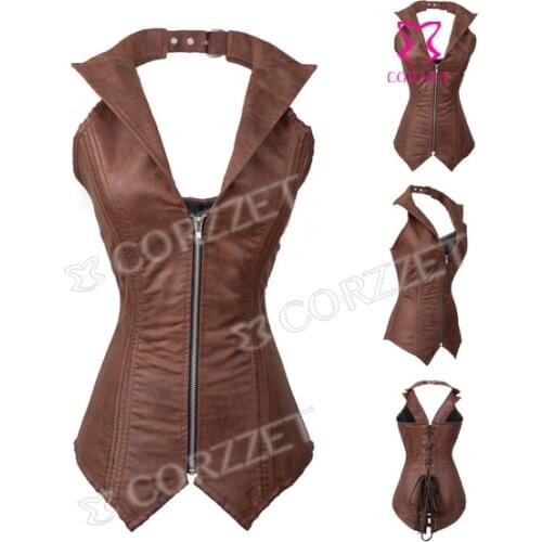 Latex Women Steampunk Gothic Brown Leather Steel Boned Corset Top Sexy Halter-neck Overbust Corpetes E Espartilhos With Zipper