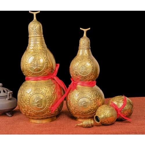 Brass Feng Shui Good Luck Gourd Wu Lou Hu Lu Chinese Handwriting Symbol Statue Charm of Prosperity Harmony Home Decoration Gift