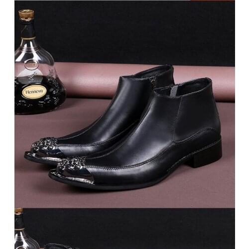 Men black boots metal head winter boot ankle boots leather men snow boots Martin boots recreational short tube tide snowboots