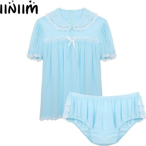 Men Male Adults Sissy Lingerie Set Doll Crossdress Collar Short Puff Sleeve Chiffon Frilly Dress with Ruffled Panties Sleepwear