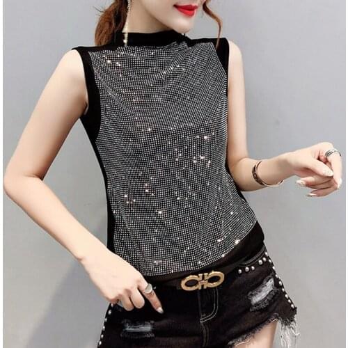2021 New Summer Casual Loose Korean Clothes Diamonds T-shirt Women Cotton Fashion Sleeveless Tops Dunayskiy Shirt Tees