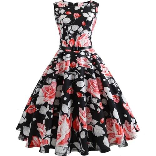 New summer Floral print black Women Summer Dress 50s 60s Retro A-Line Vintage Dress With Belt sexy dancing dress Party Dresses