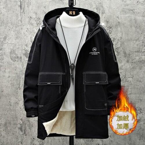 Autumn Winter Casual Fleece Lining Thick Warm Mid-Length Windbreaker Mens Hooded Cotton-Padded Jacket Parkas Outerwear Top Coat